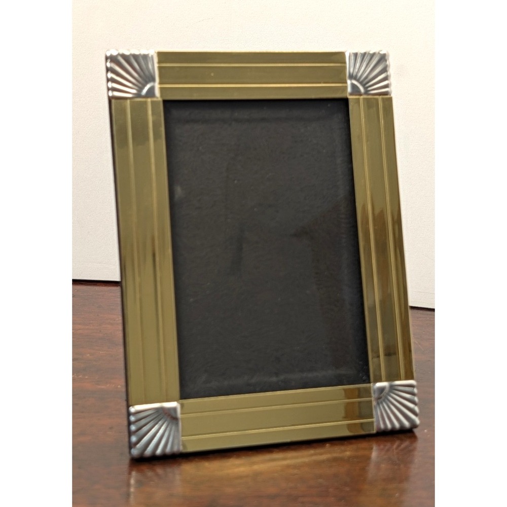 Vintage Art Deco Revival Gold Silver Tone Metal Picture Frame 5x6 Fan Corners